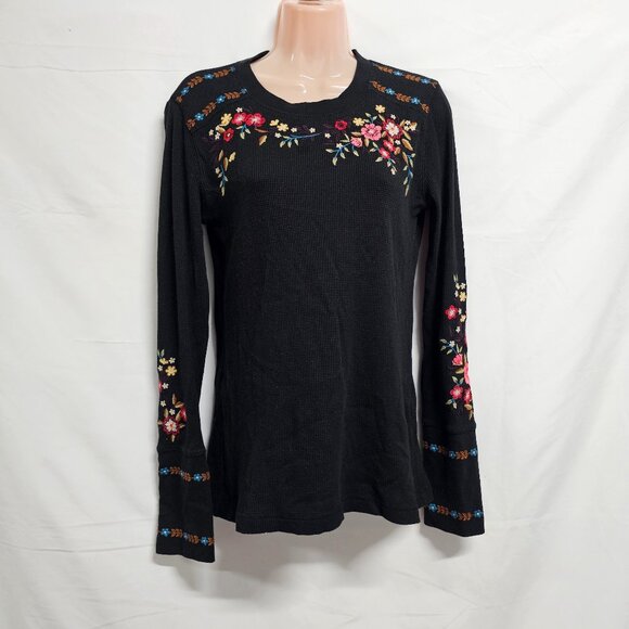 Sundance Frosty Fields Embroidered Thermal Top Shirt Women Size S Black Cotton - Picture 2 of 15